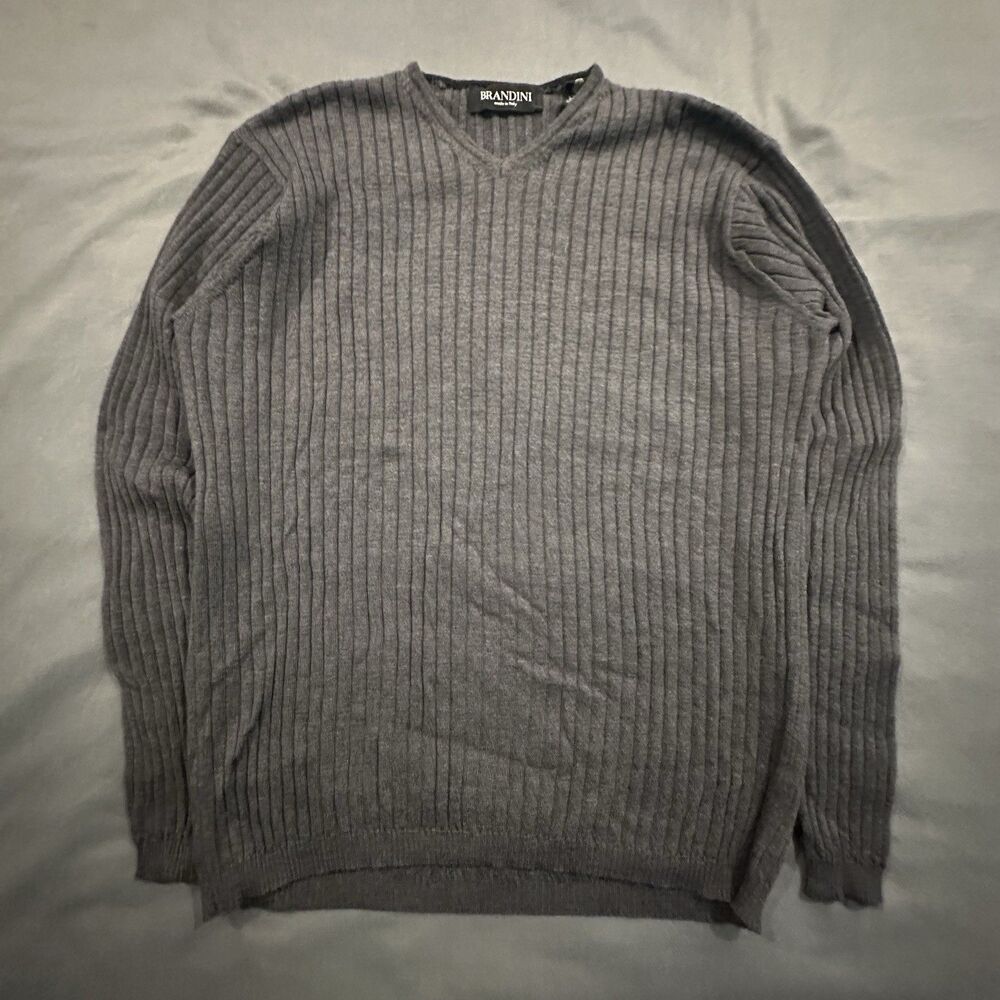 Vintage Brandini 100% Merino Wool Sweater Made Italy Ribbed Mens XLT VNeck 90s